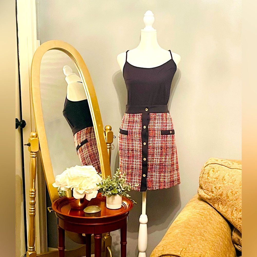 Tweed button down multicolored mini skirt